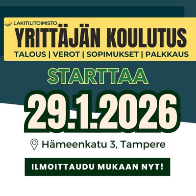 yrittäjän talous, verot, sopimukset ja palkkaus. Yrittäjän koulutus Tampereella